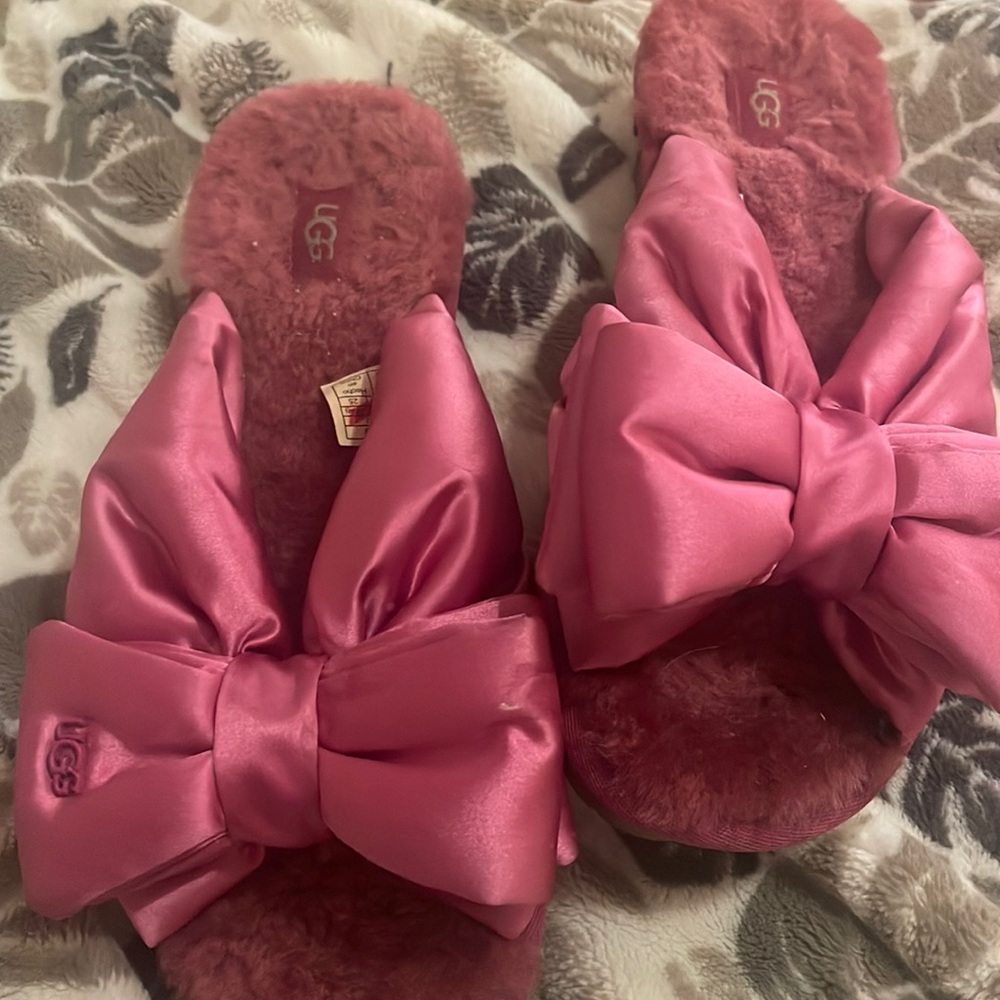 UGG Lushette Puffer Sheepskin Satin Bow Slippers